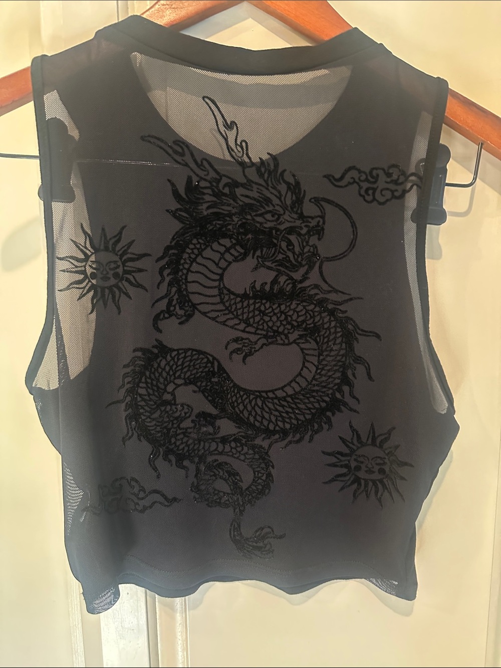 Black Sheer Dragon Print Mesh Tank Top